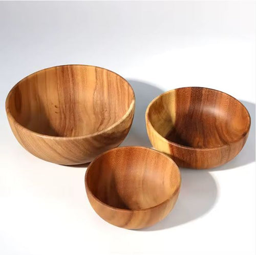 Premium Acacia Wood Serving Bowl Set – 3-Piece Handcrafted Natural Wooden Salad Bowls, Nesting Decorative Fruit Bowls for Kitchen, Dining, and Snacks