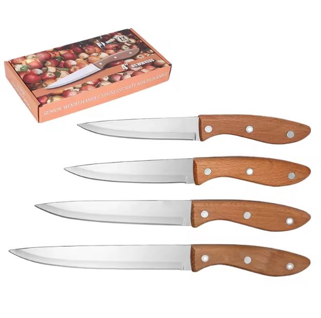Premium 4-Piece Kitchen Knife Set – High-Carbon Stainless Steel Chef Knives with Ergonomic Triple-Rivet Wooden Handles – Ultra-Sharp Utility & Paring Knives for Slicing and Dicing